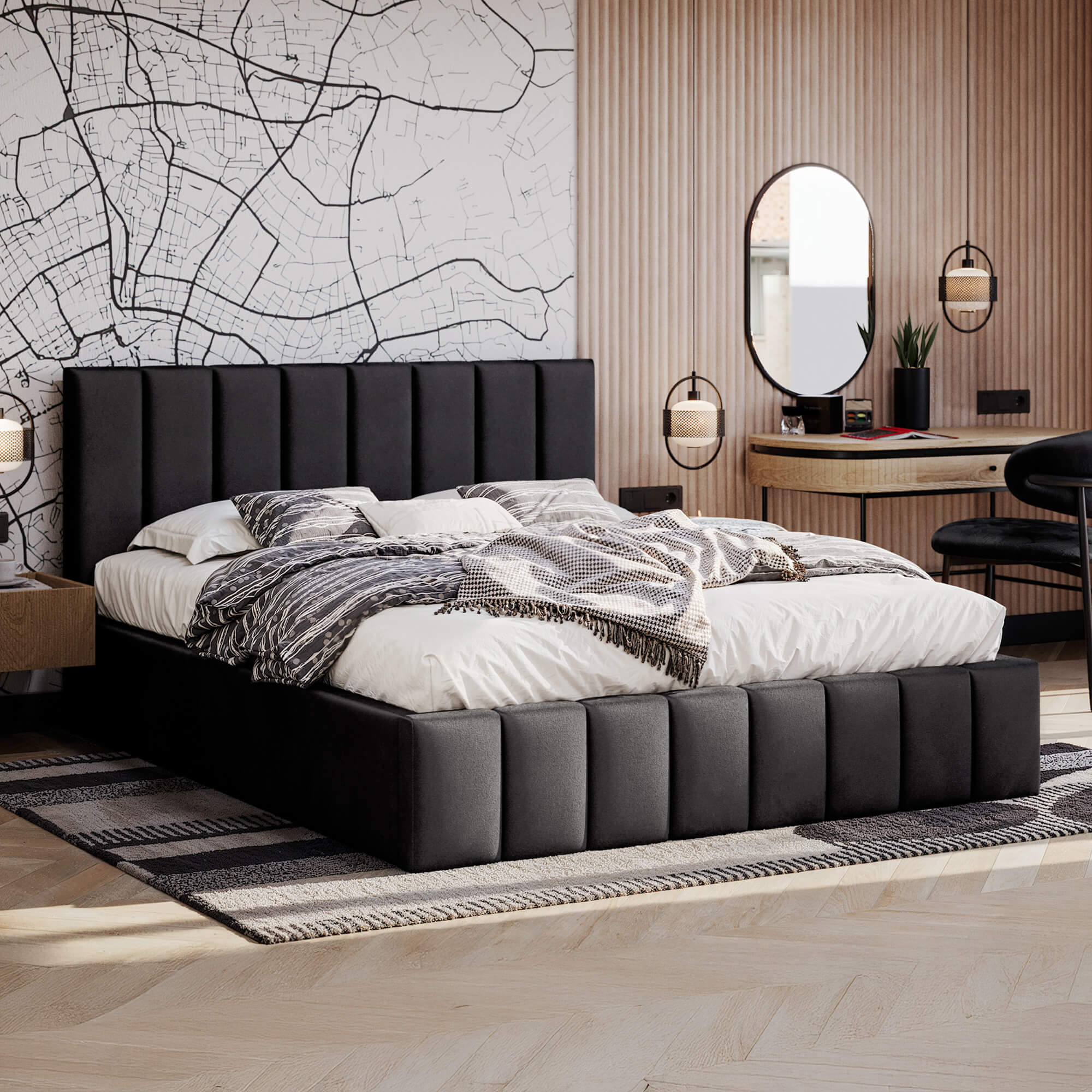 Łóżko tapicerowane z pojemnikiem SFG0116 | 180x200 | Welur | Czarny