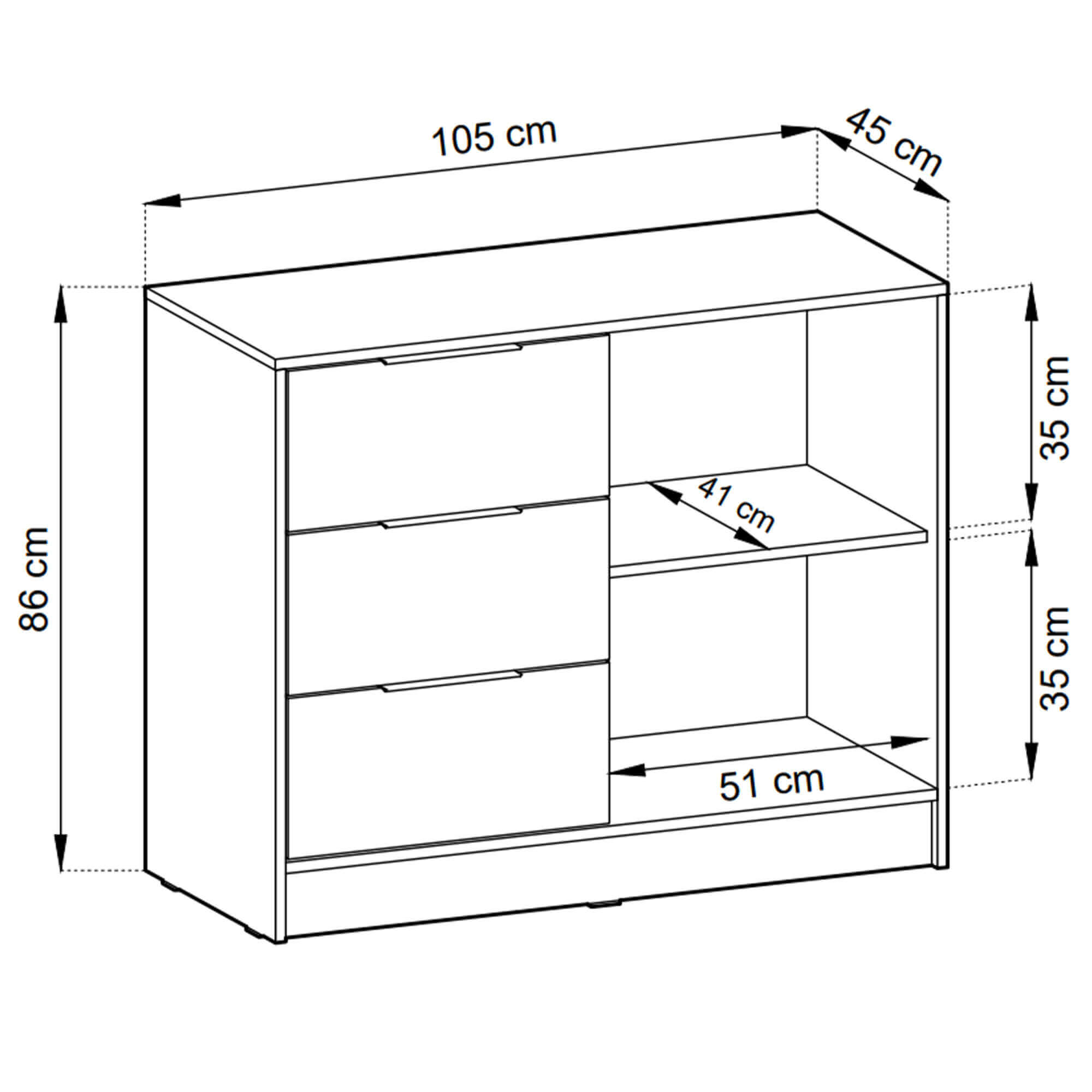 Wymiary Komoda NELLY 2D | 105 cm | Orzech | Czarne lamele