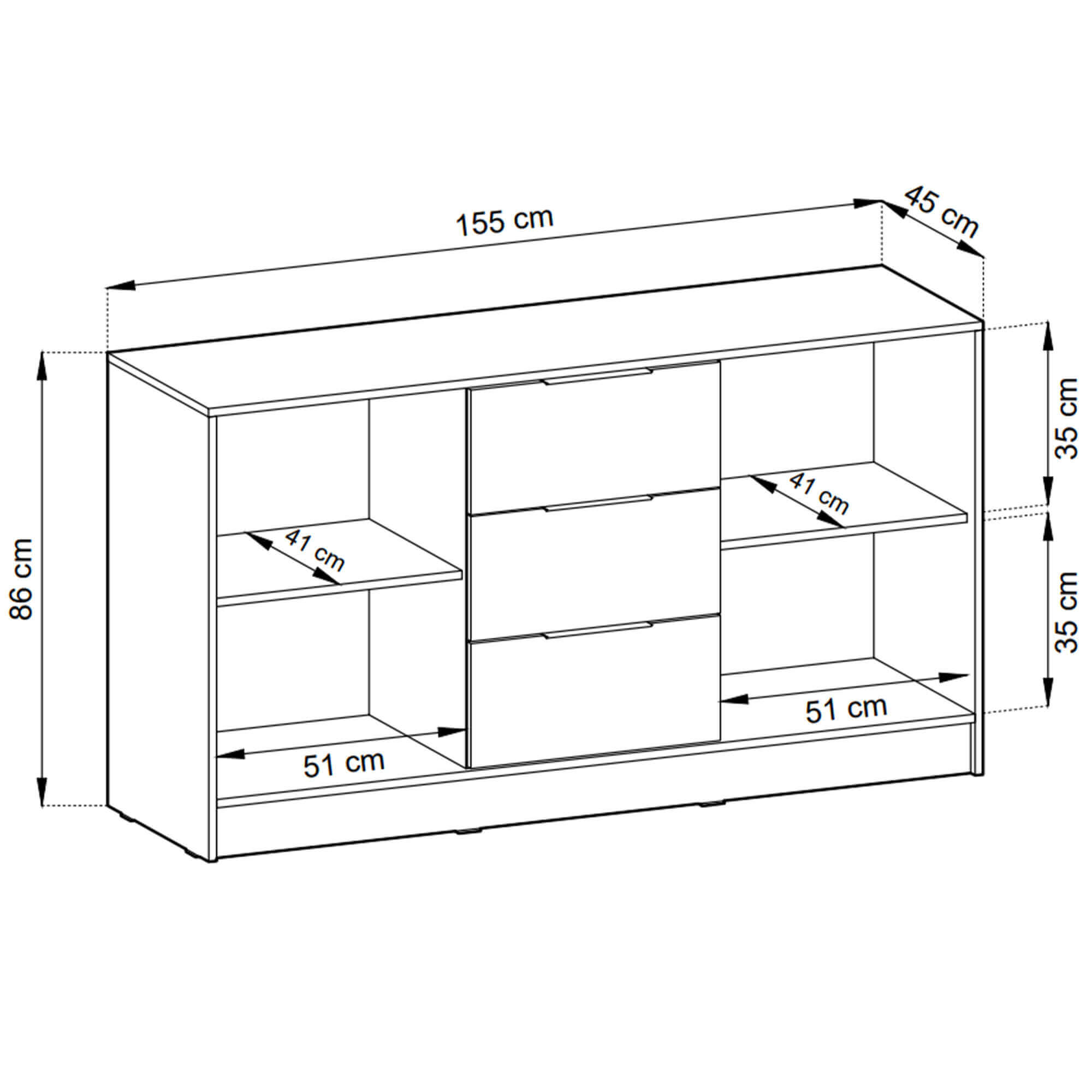 Wymiary Komoda NELLY 3D | 155 cm | Orzech | Czarne lamele